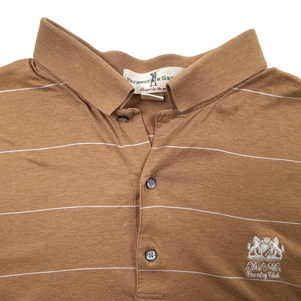 Fairway & Greene Mens Brown Striped Polo Shirt Del Mar‎ Country Club Large L